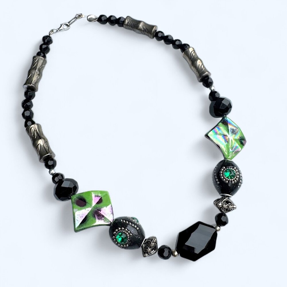 Chunky Beaded Necklace Black, Silver and Green Tones 18 inches
